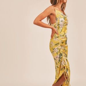 Tropical Print Satin Drawstring MIDI Dress